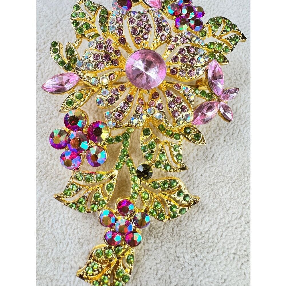 Vintage Gold Floral Brooch with Pink, Green & Iridescent Crystals - Picture 7 of 7